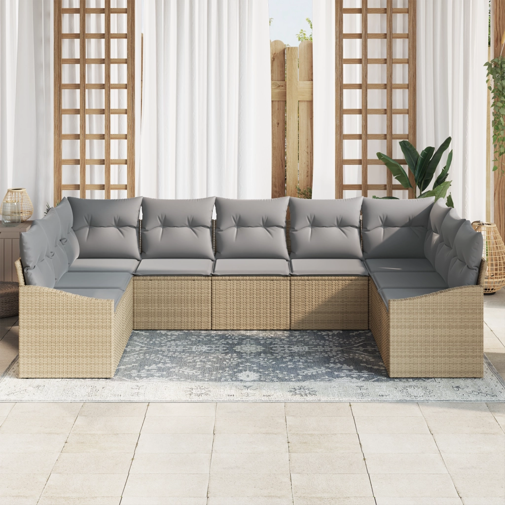 Set da Pranzo da Giardino 9 Pezzi con Cuscini Beige in Polyrattan
