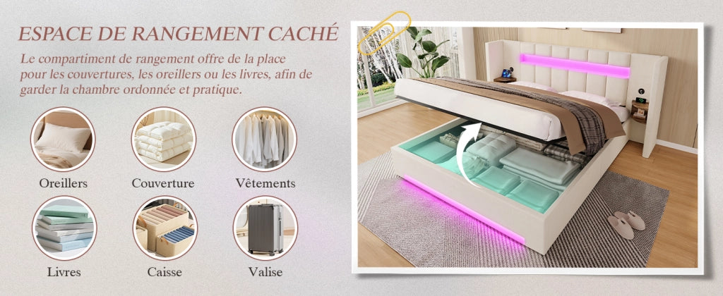 Letto Contenitore Imbottito in Velluto con LED, USB e Testiera ¨C MINIMAL ¨C 180x200cm