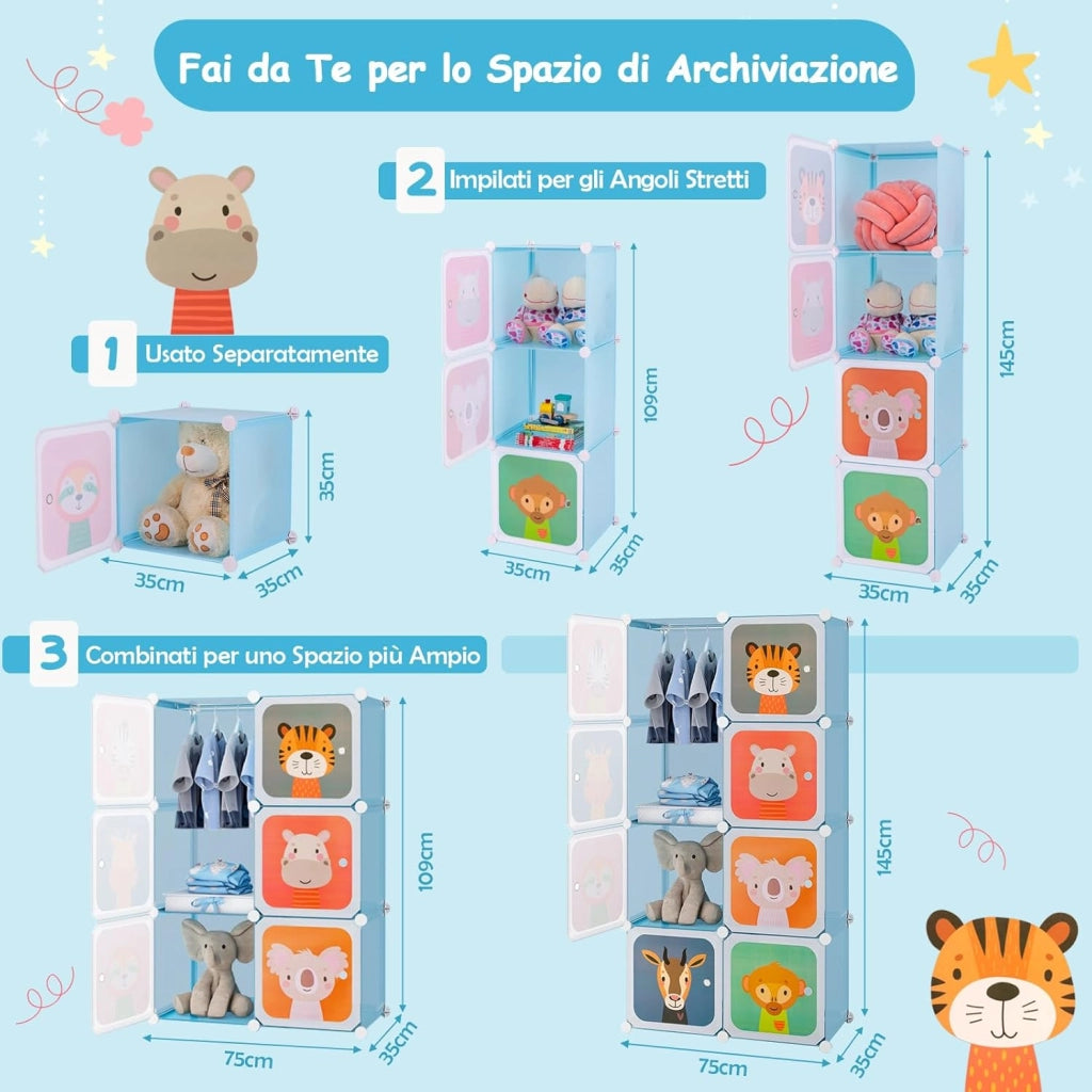 Guardaroba Portatile per Bambini, Armadio Guardaroba Modulare per Bambini con 8 Cubi, per Soggiorno, Camera da Letto, 75 x 35 x 145 cm (Blu)