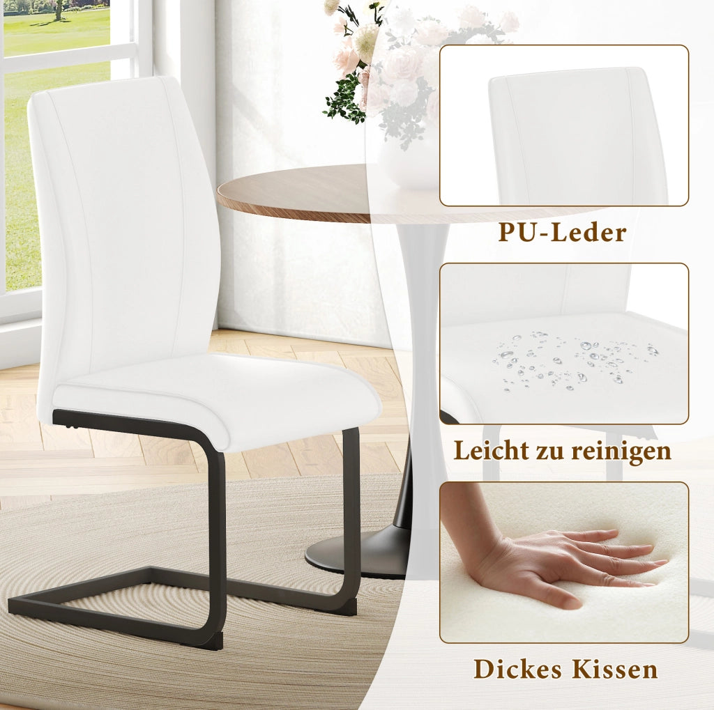 Sedia da pranzo in ecopelle bianca con schienale ergonomico e gambe in metallo nero