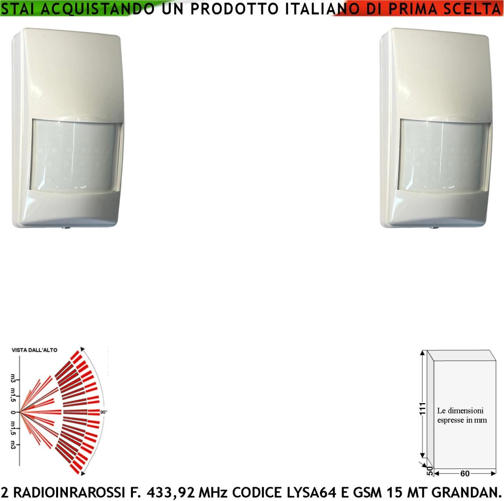 Sensore di Movimento Estranei Infrarosso Via Radio 433,92 MHz 2 Pezzi Anti-jamming  Portata 15 Metri Grandangolo Walk test Pir 40VR Codice Secur-Sydra GSM da Interno 17 Fasci Sensibili su 3 Livelli