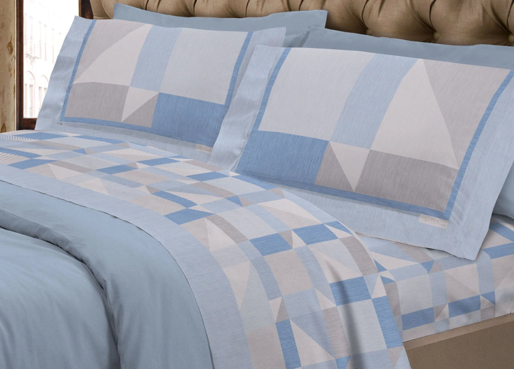 Completo Lenzuola Flanella Linea SuperEuropa 100% Cotone Disegno Atene 7879 - Matrimoniale - Azzurro