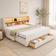 Letto daybed estraibile con cassetti, porte USB e LED, in velluto beige, 90x200 cm, con rete a doghe