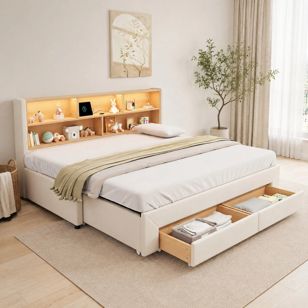 Letto daybed estraibile con cassetti, porte USB e LED, in velluto beige, 90x200 cm, con rete a doghe