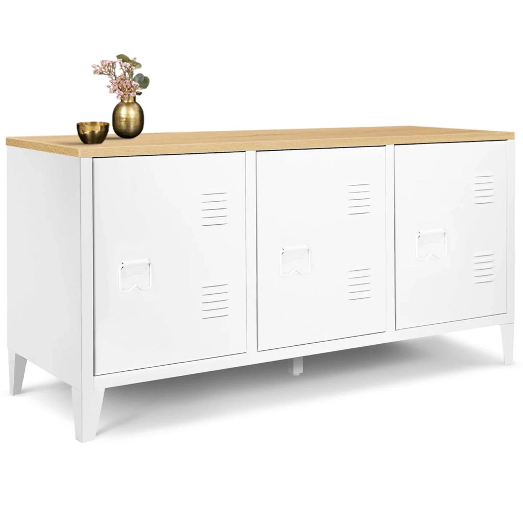 IDMarket - Credenza bassa ESTER 113 cm con 3 ante in metallo bianco e piano in legno dal design industriale