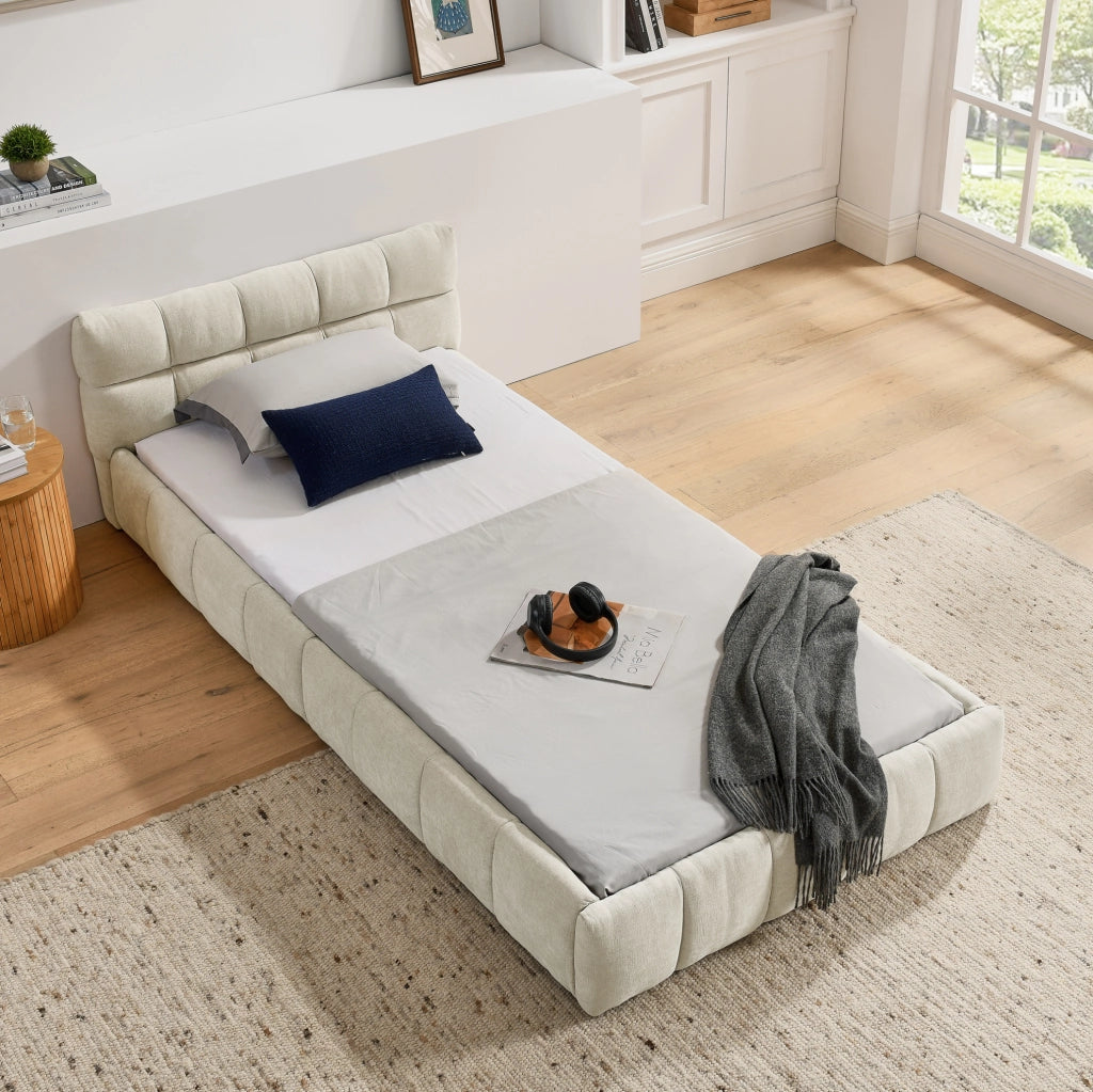 Letto imbottito 90x200 cm con cuciture quadrate in ciniglia beige