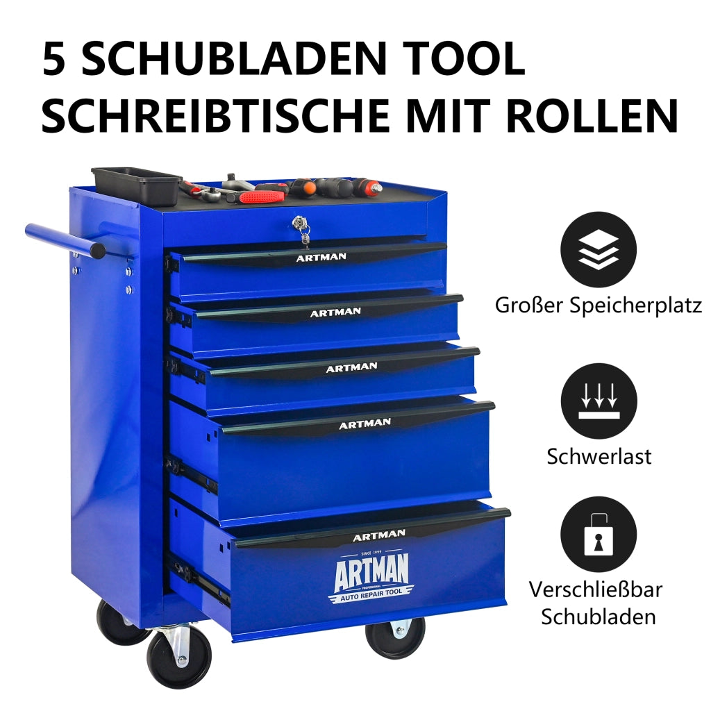 CARRELLO PORTAUTENSILI 5 Cassetti con ruote, acciaio nero e blu