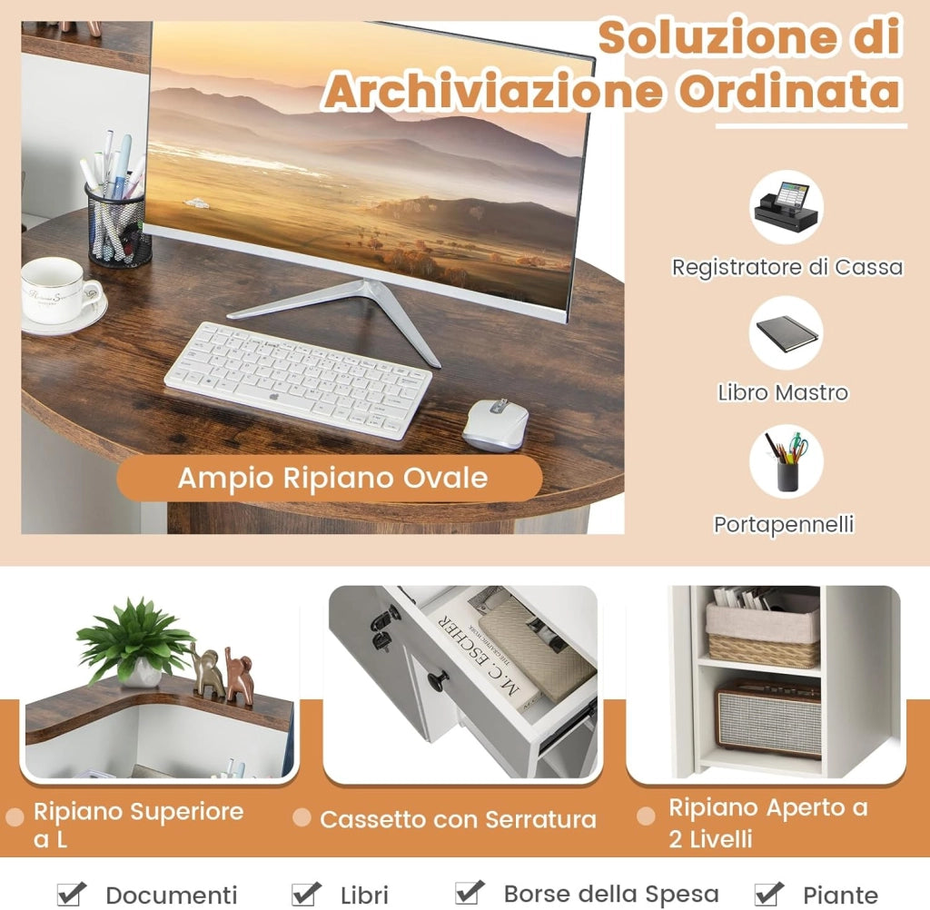 Banco Reception a Forma di L, Bancone per Cassa con Ripiano Regolabile e Cassetto Bloccabile, Piano Ovale, per Negozio, Salone e Ufficio, 120 x 55 x 100 cm (Marrone Rustico+Bianco)