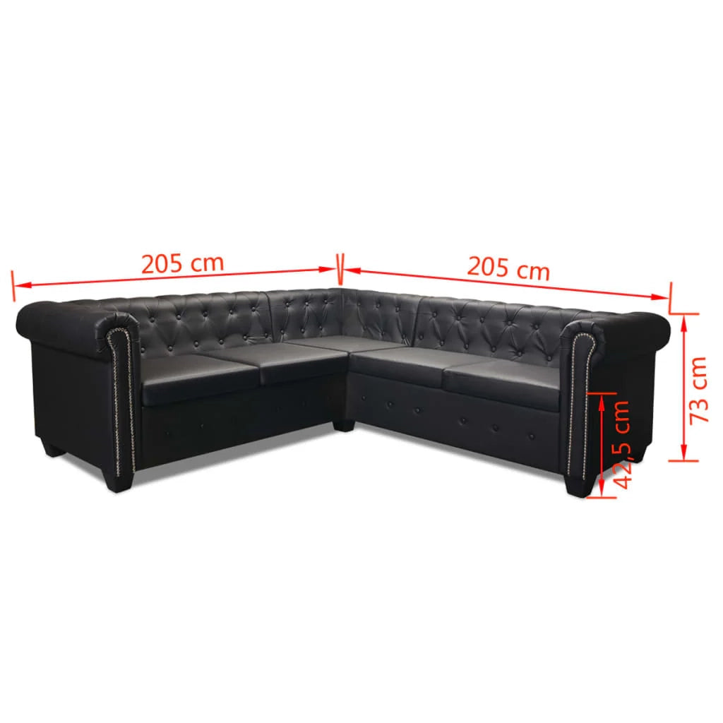 Divano angolare Chesterfield 5 posti in similpelle nera 02_0019699