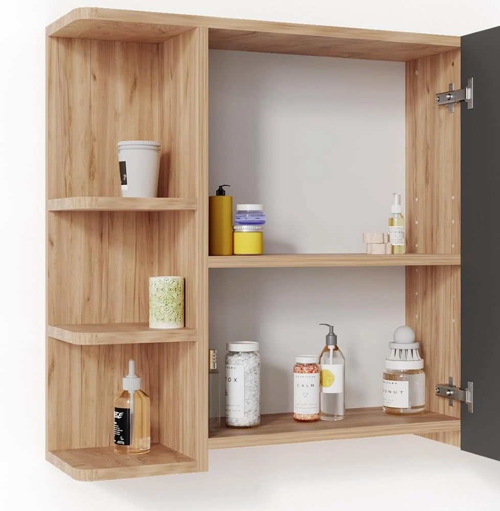 Specchio contenitore bagno Fynn, Quercia dorata, 79.6 x 64 cm, con specchio e ripiani aperti per montaggio a parete