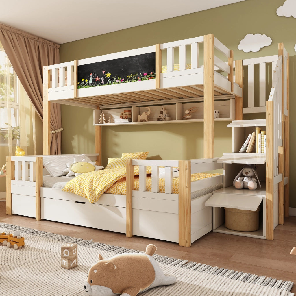 Letto a Castello 90x200 e 140x200 cm - Lavagna e Scala Contenitore - Bianco Naturale