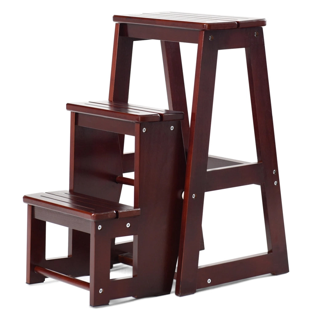 Sgabello scaletta a 3 gradini in legno di pino multiuso, Sgabello pieghevole da cucina 57x38x65cm Caff¨¨-Sgabelli