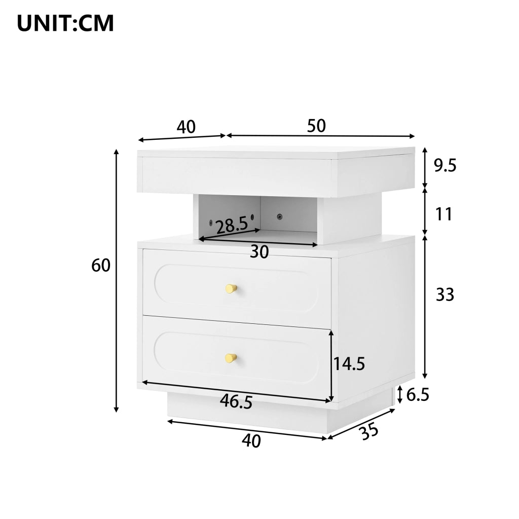 Comodino con LED, 2 cassetti e 1 vano aperto, per camera da letto, in truciolato, bianco, 100 × 40 × 60 cm
