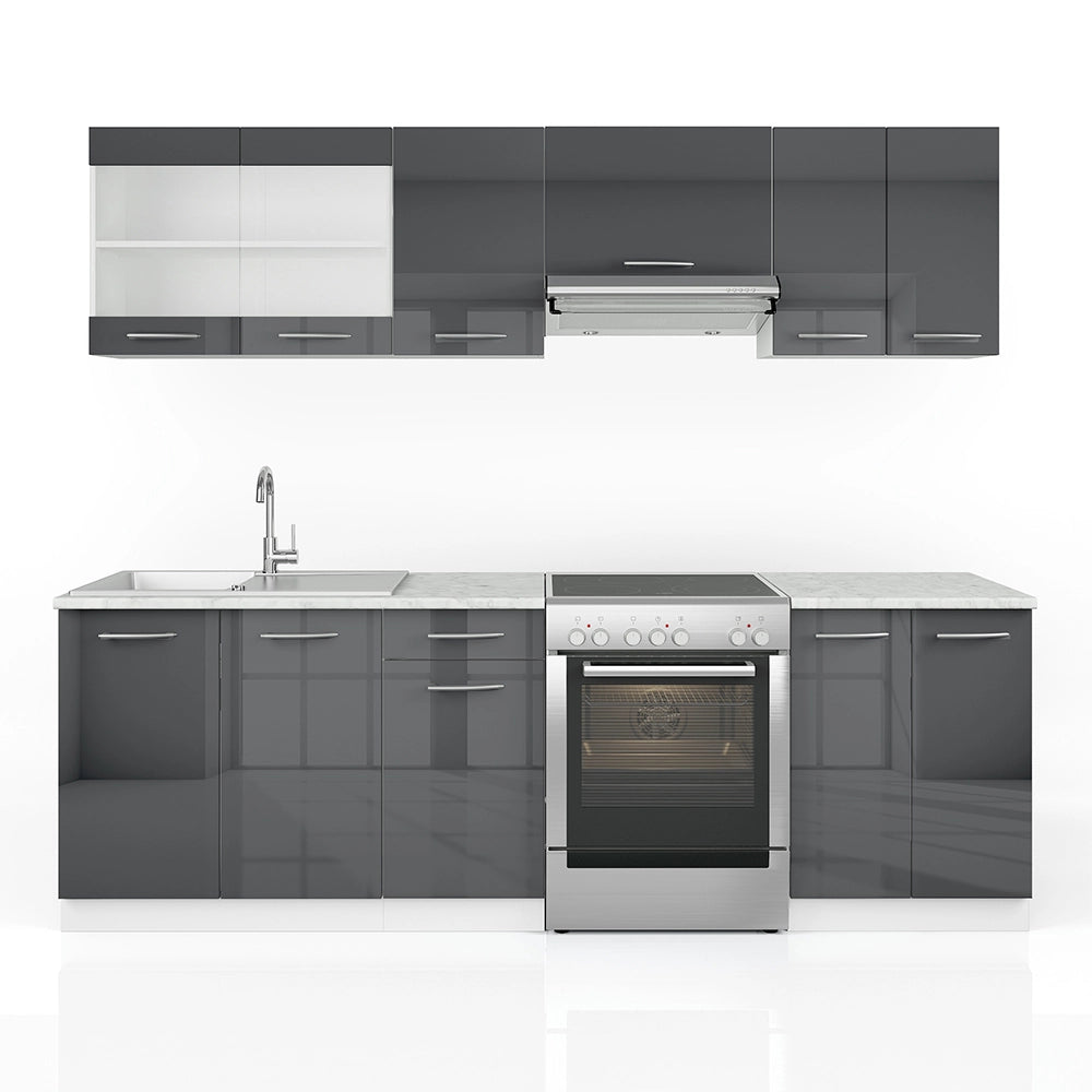 Mobile da cucina Raul Antracite lucido/Bianco 240 cm, PL Marmo con striscia LED Vicco