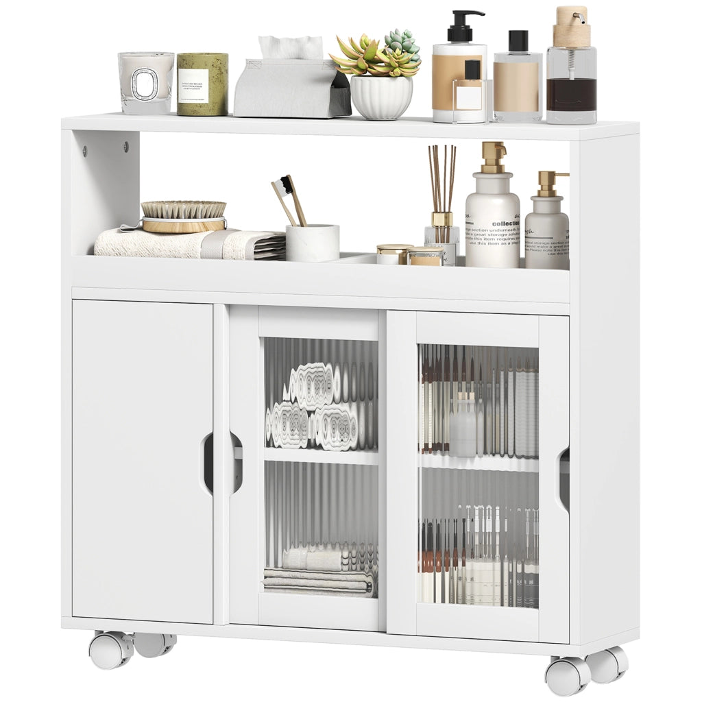 Mobile Bagno con Ante Vetro e Ruote ¨C Zephmum ¨C Bianco Legno 71x20x70 cm