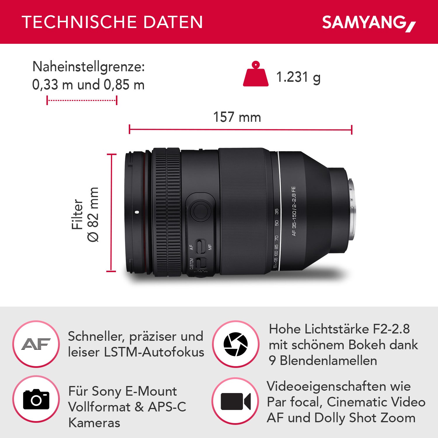 AF 35-150mm F2.0-2.8 FE per Sony E - obiettivo zoom all-in-one con Par Focal, Cinematic Video AF e Dolly Shot Zoom, protezione dalle intemperie, per Sony A9 A7 A7C II A7C R