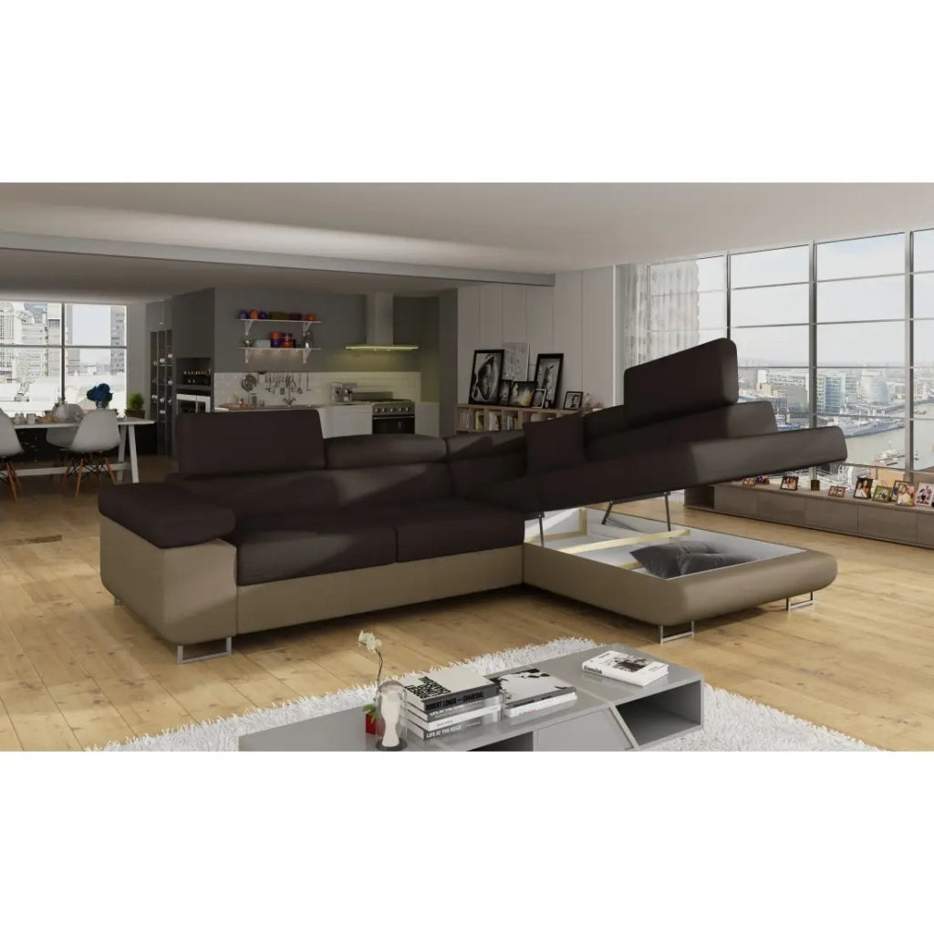 Divano angolare trasformabile MENTON marrone cioccolato e beige – Angolo destro con vano contenitore