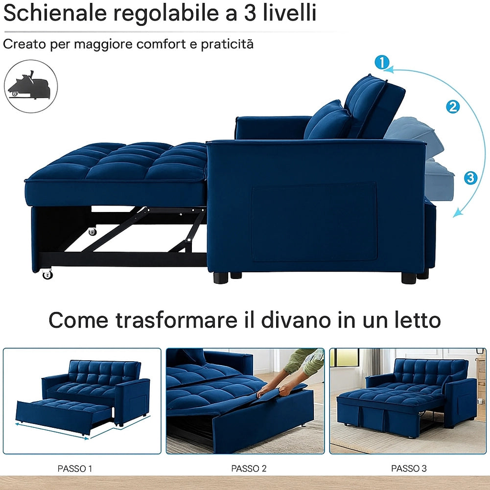 Divano Letto Apribile Reclinabile 3 Posizioni con Rivestimento in Velluto Blu