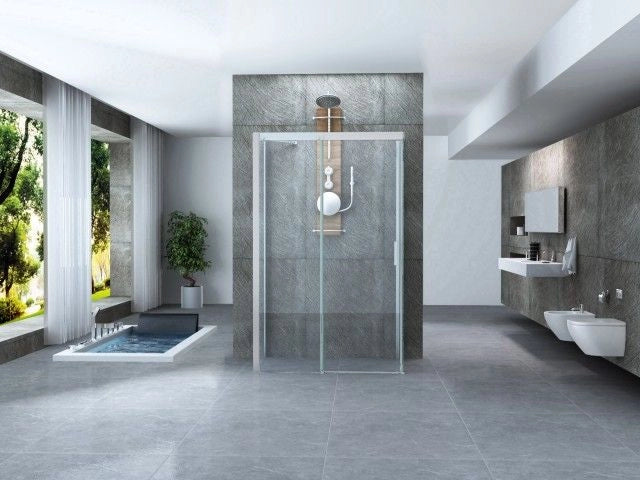 Box doccia in Cristallo 8mm tre lati con trattamento anticalcare e chiusura soft-close - Misura: 80 x 140 x 80 xh195cm