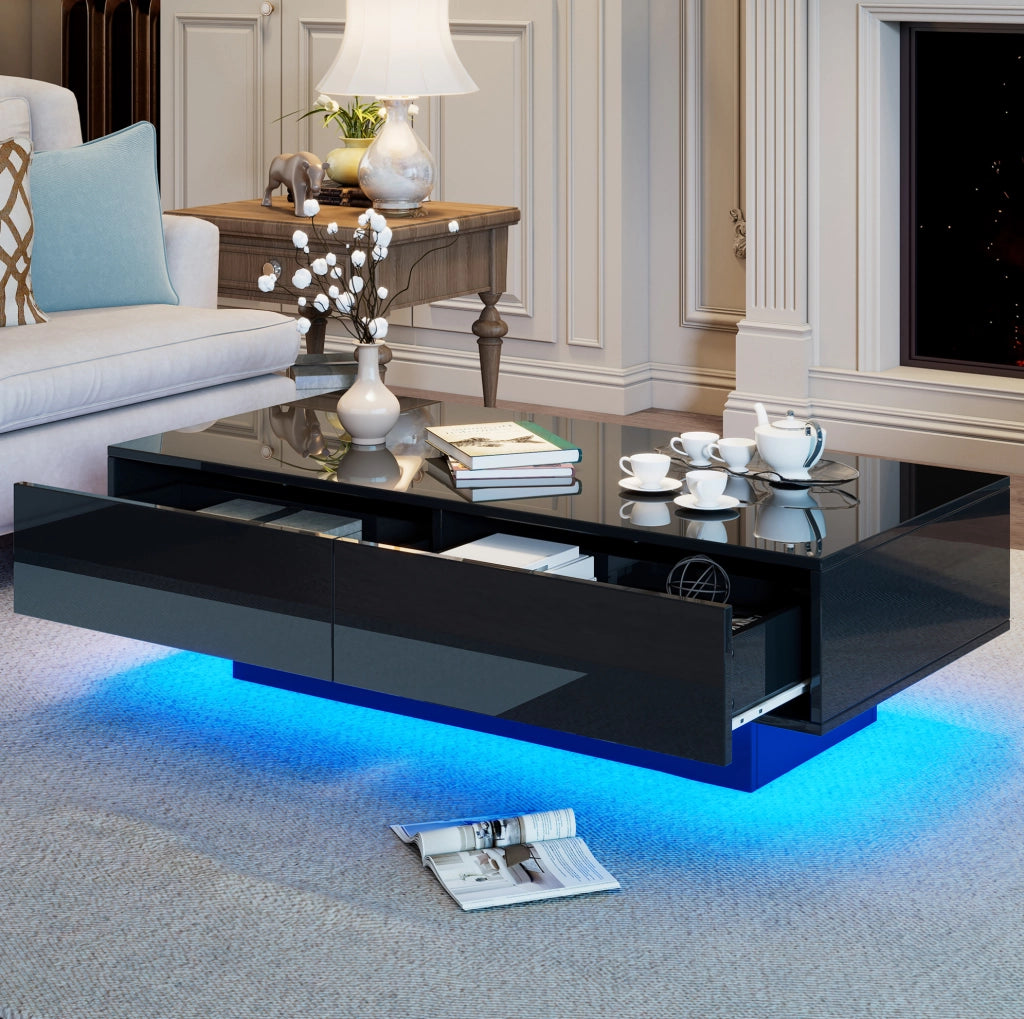 Tavolino da caffè nero lucido con LED e 2 cassetti, 115 x 55 x 34 cm