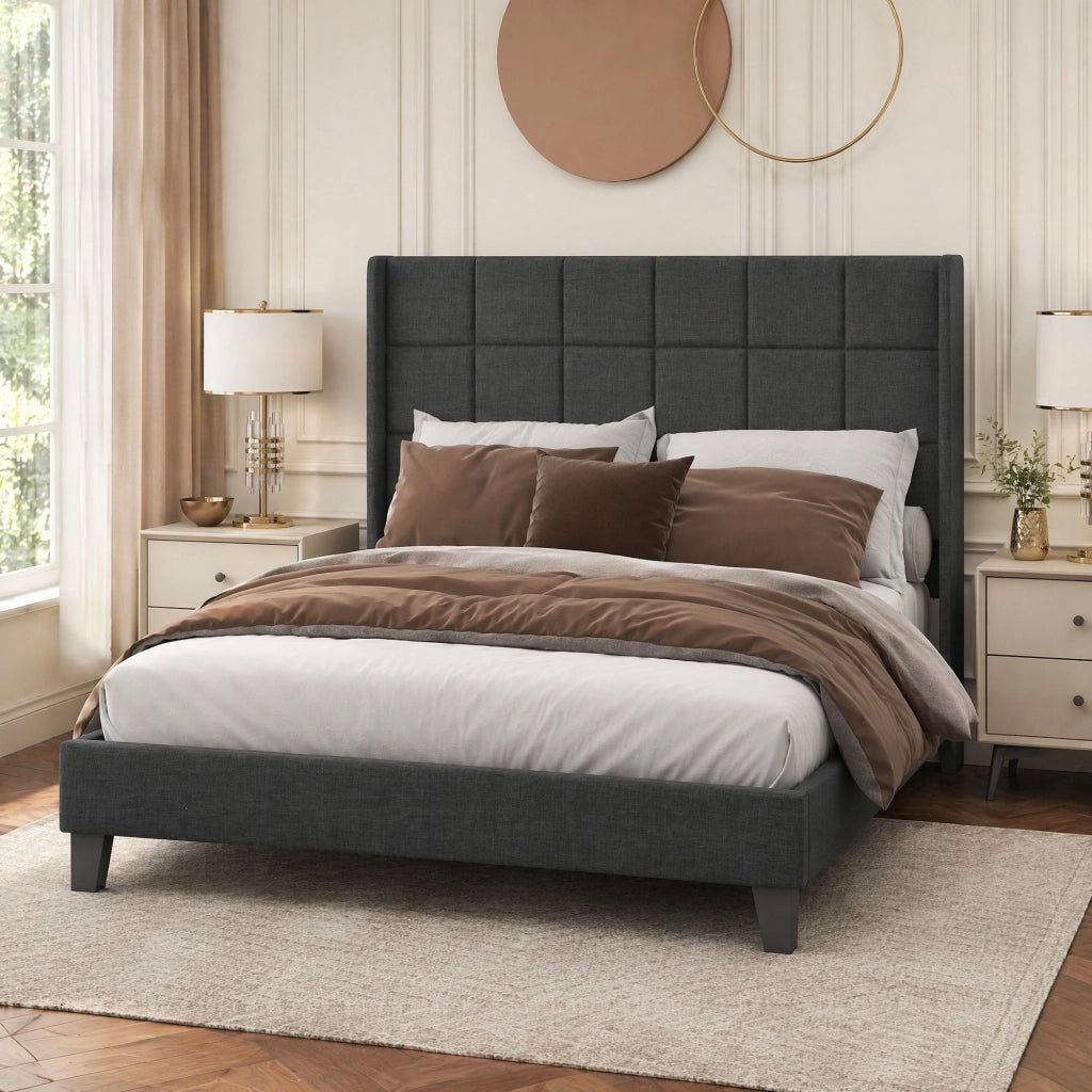 Letto matrimoniale imbottito 140x200 cm con rete a doghe e materasso a molle insacchettate, grigio