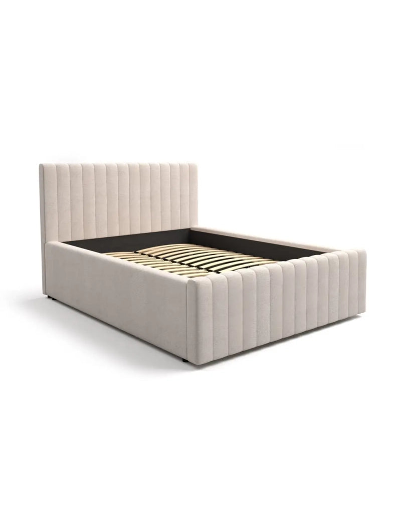 Letto contenitore ELORIA 160x200 in tessuto bouclé beige con testiera capitonnata e rete inclusa