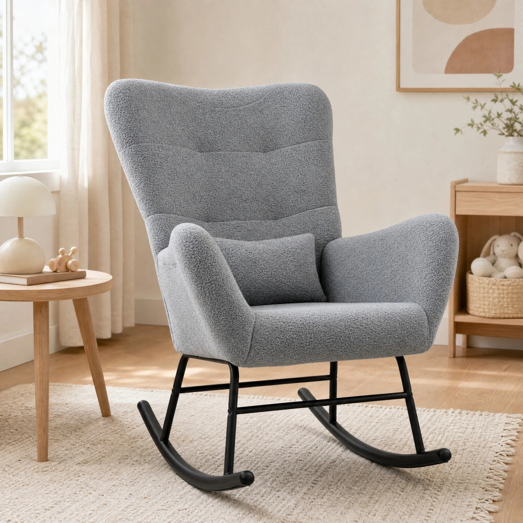 Sedia a dondolo 67x95x100 cm con tasca laterale e schienale imbottito in teddy grigio