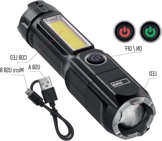 Lampada LED portatile per esterno - regolabile - 150 lumen - 150 m di portata luminosa - batteria 1200 mAh - 45 ore di autonomia - IP44 impermeabile - inclusa cavo di ricarica USB