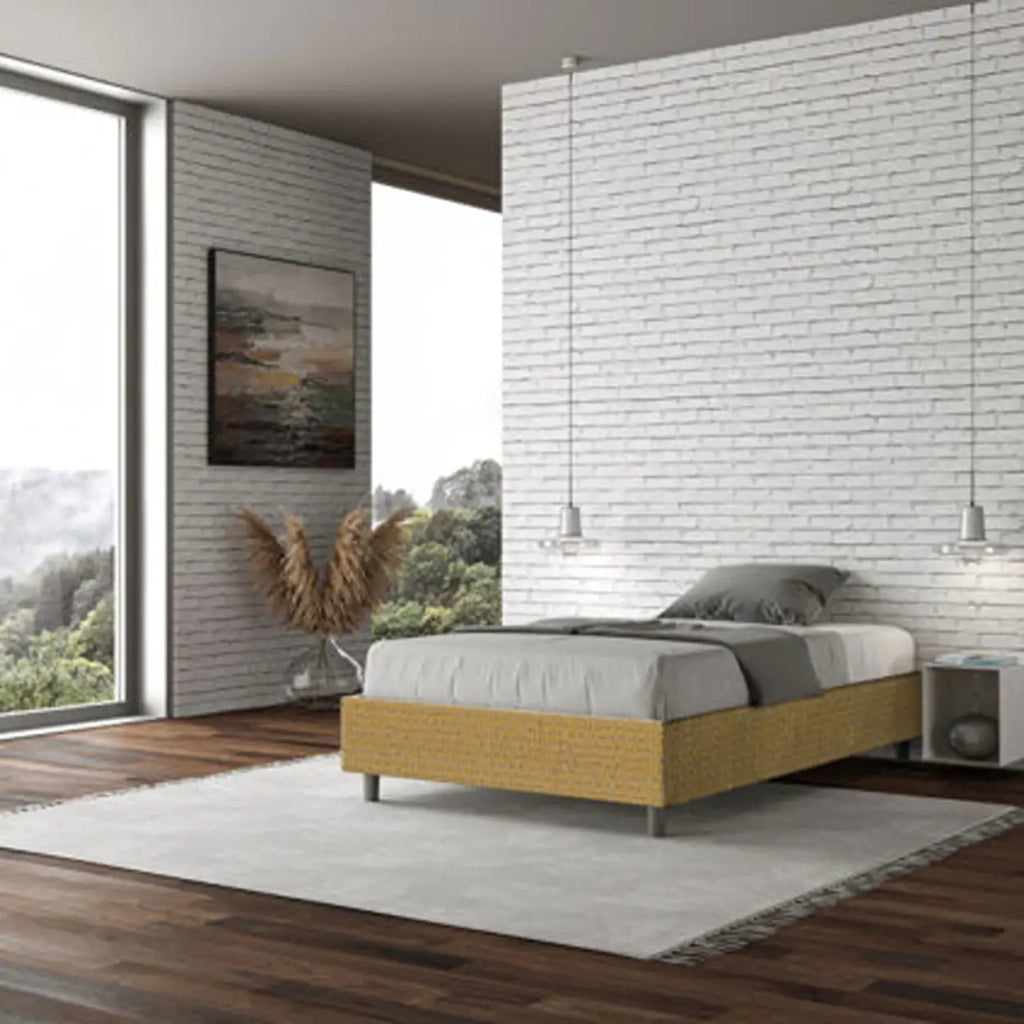 Letto una piazza e mezza con rete imbottito 120x190 tessuto Labirinto 6 giallo Azelia