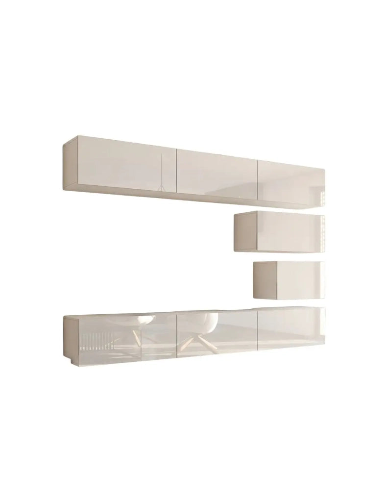 Set di mobili da soggiorno bianchi sospesi collezione CEPTO XVI 249cm, 8 pezzi, modulari.