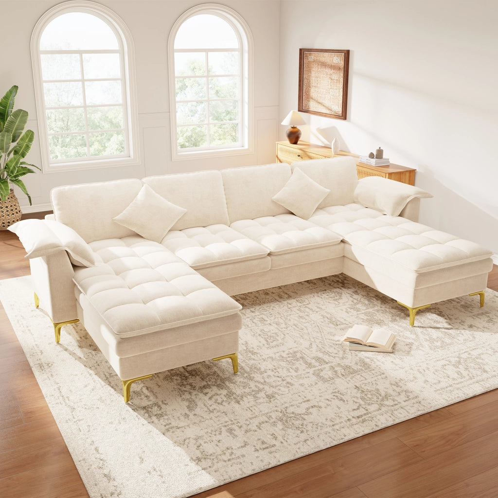 Divano panoramico a U modulare per 4-5 posti con due chaise longue e cuscini in ciniglia beige 262 × 134 × 86 cm