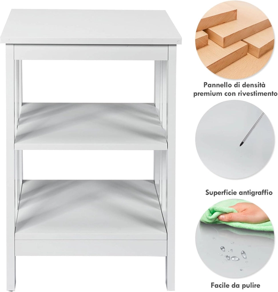 Comodino per Camera da Letto, Comodino a 3 Livelli, Tavolino da Soggiorno in Legno, Portata Totale 20 kg, 40 x 40 x 61 cm (1, Bianco)
