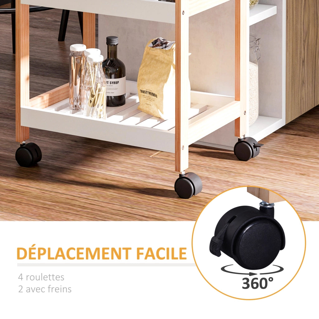 Carrello da cucina con ruote 2 ripiani + piano amovibile ¨C zephmum ¨C bianco MDF
