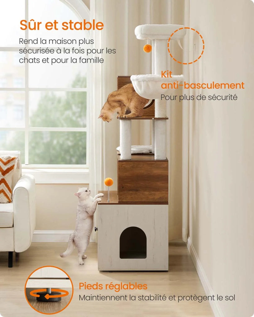 Tiragraffi moderno con copertura per lettiera torre gioco tiragraffi con lettiera 185 cm nascondiglio piattaforma tappetini lavabili beige 12_0003867