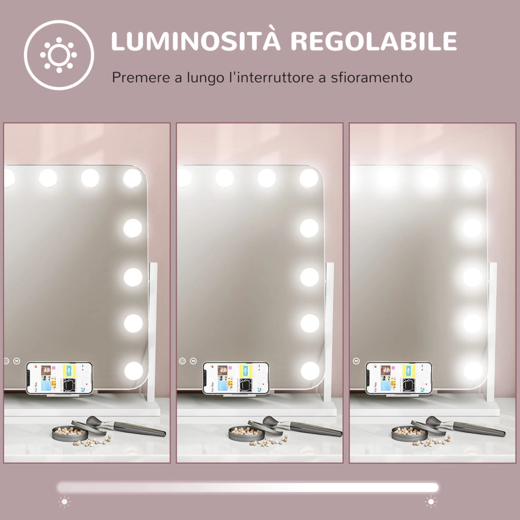 Specchio da Tavolo in Vetro con 14 Luci LED Regolabili e Ricarica USB 62,5x14x49,5 cm  per Trucco Make up Bianco