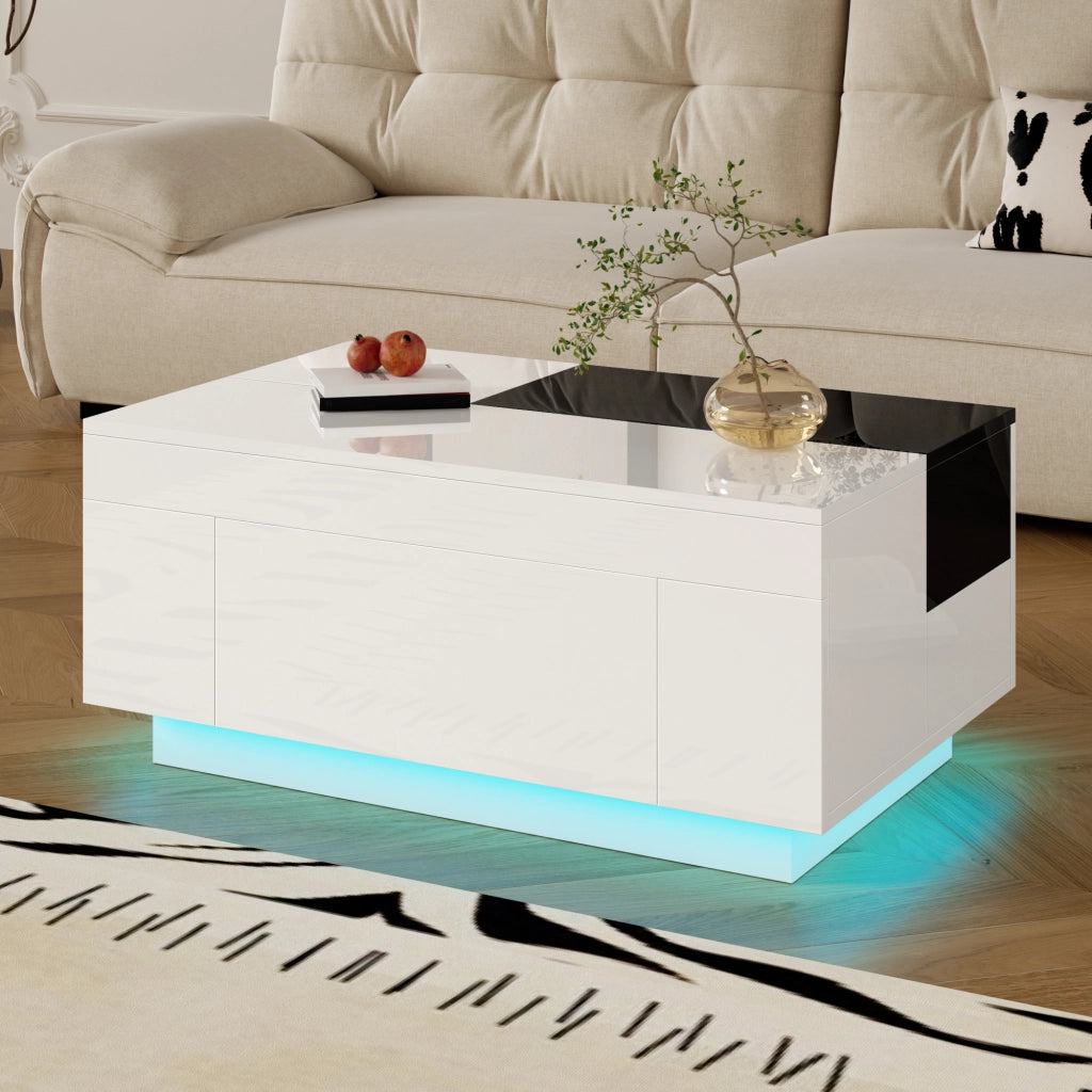OKWISH Tavolino da Salotto Moderno con Piano Estensibile, Cassetto Nascosto Soft Close e LED Bluetooth, 80 x 50 x 35.5 cm