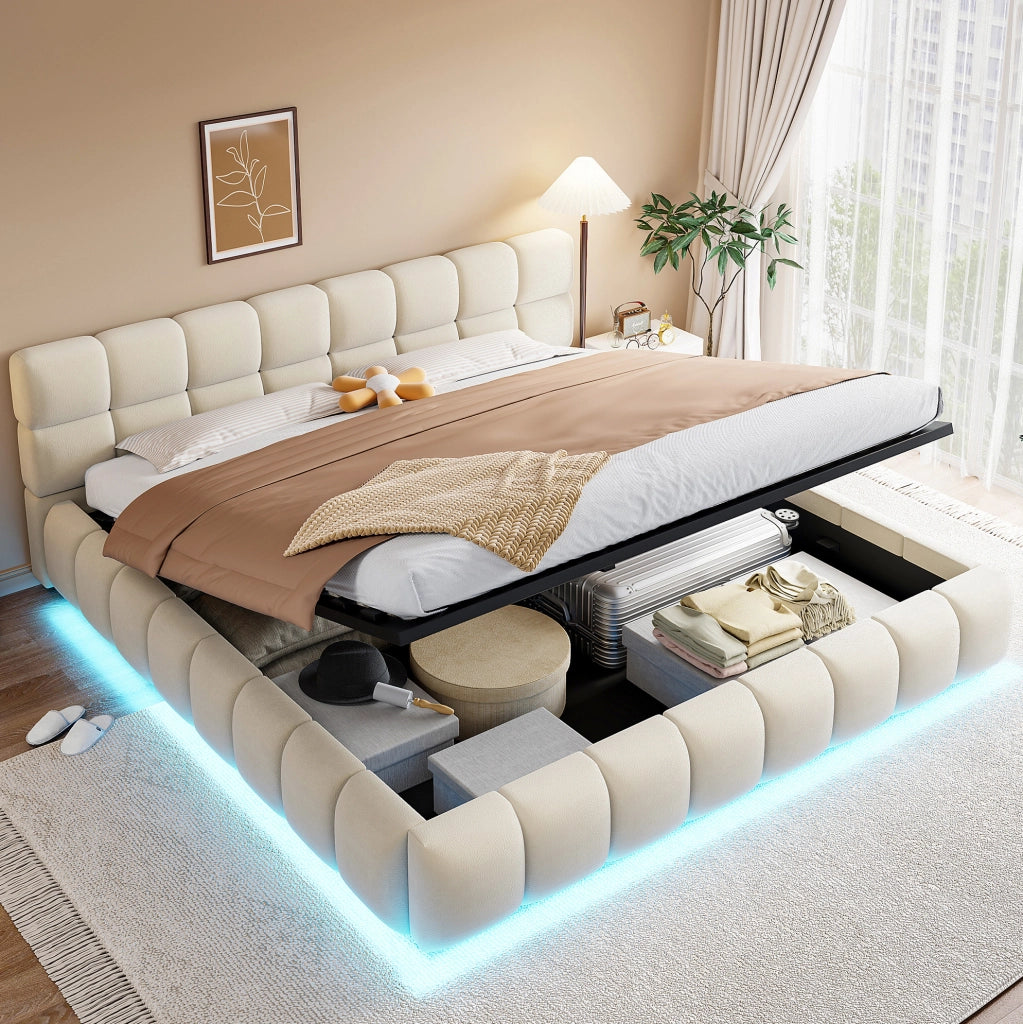 Letto imbottito 180x200 cm con contenitore idraulico e LED in velluto beige