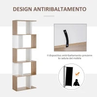 Scaffale Libreria a 5 Ripiani Suddivisi, Libreria Salvaspazio a Forma di S in Legno, Scaffale Divisorio per Soggiorno, Camera da Letto e Ufficio, 60x24x184.5 cm, Color Legno e Bianco