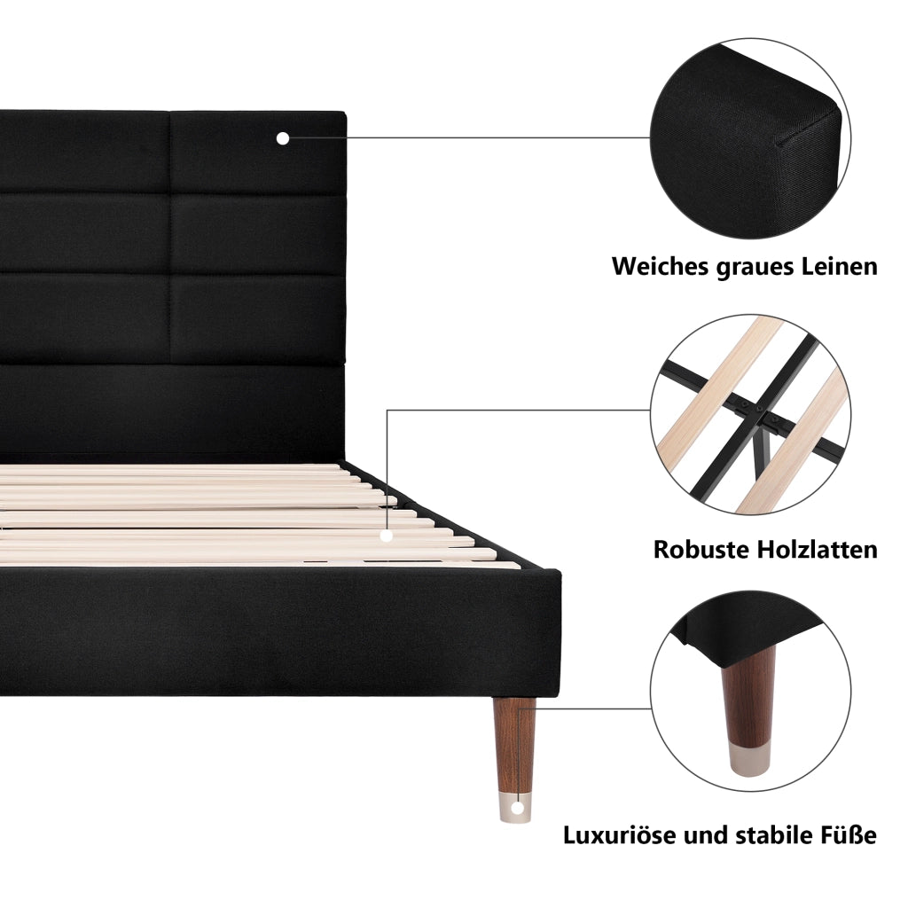OKWISH Letto Imbottito 140×200 cm, Letto Matrimoniale con Testiera Imbottita, Spazio Sottoletto, senza Materasso, Nero