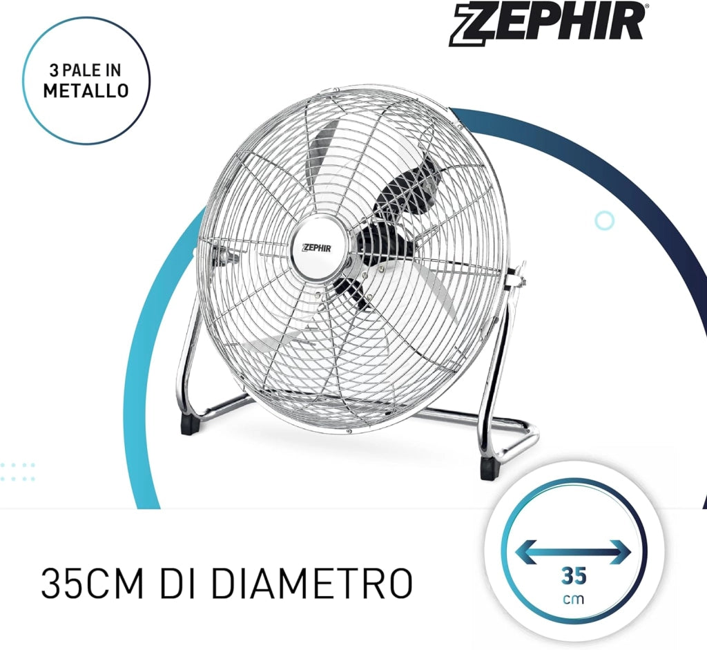 Zephir, Ventilatore Industriale da Pavimento, Alta Velocità, Acciaio Cromato, Pala 35cm, Inclinazione regolabile, Potenza 70W