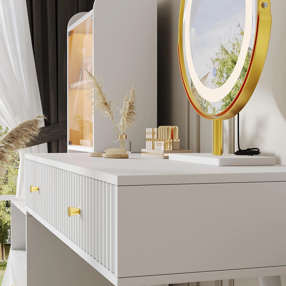 Tavolo trucco con LED-Xylo-100x40x125cm, 4 cassetti, specchio tricolore, bianco