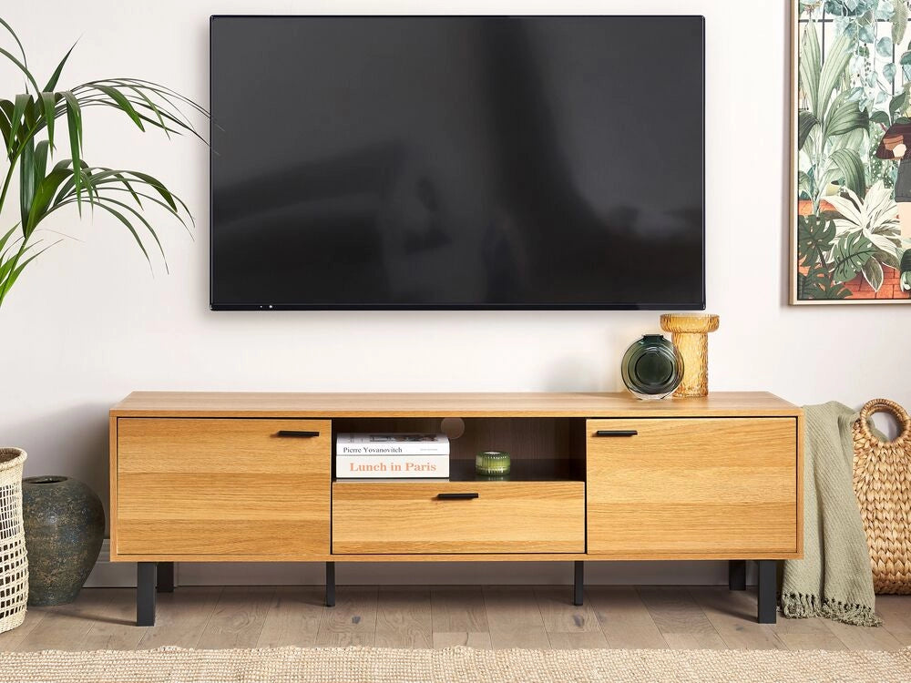 Mobile da TV in legno naturale e nero in con 2 ante e 1 cassetto stile retrò armadietto soggiorno zona giorno