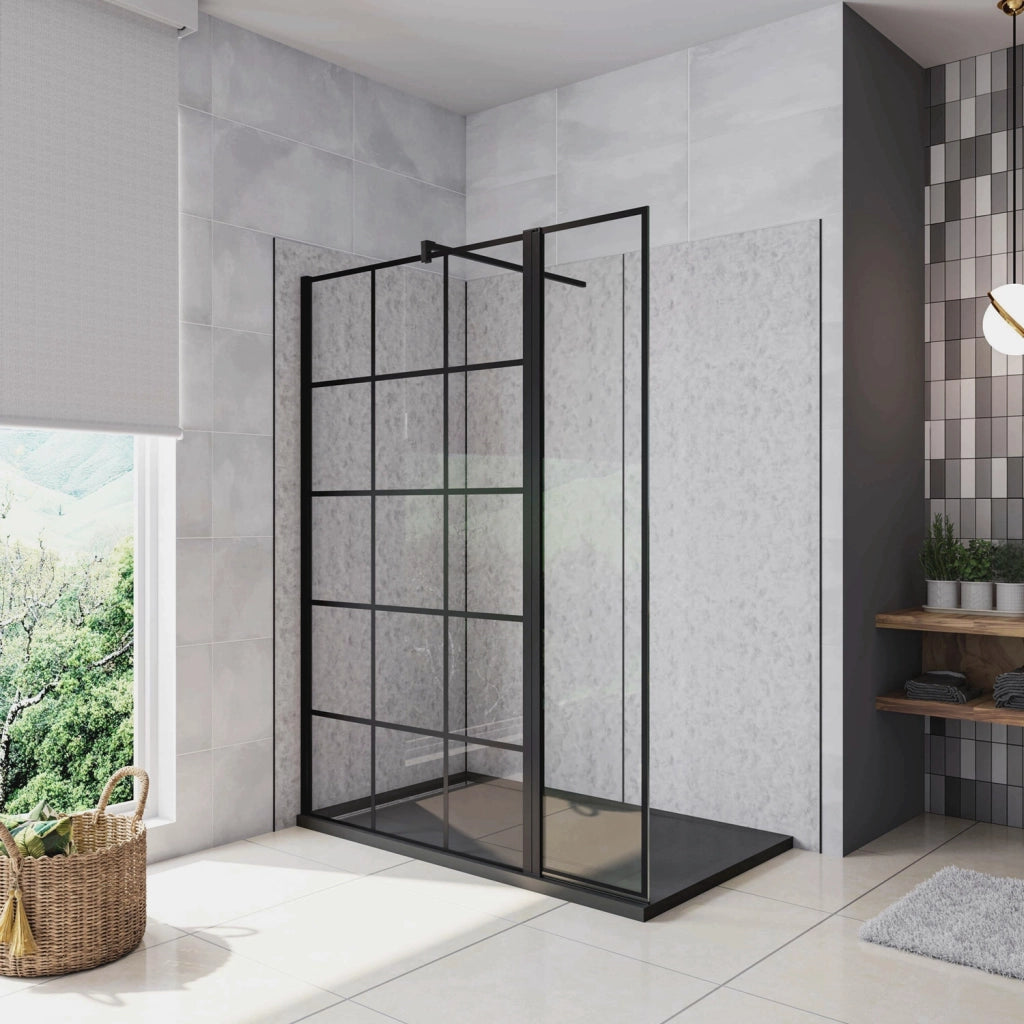 Box Doccia Parete Fissa 120x200cm con Paraspruzzo 40cm Vetro 8 mm Temperato Anticalcare Serigrafia Riquadri Neri Barra Stabilizzatrice Quadrata 90 cm