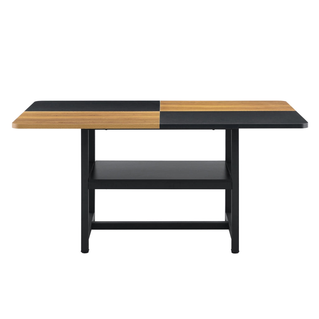 Tavolo da pranzo per 4-6 persone con ripiano integrato, struttura in MDF e metallo, nero e legno, 160 × 90 × 76 cm
