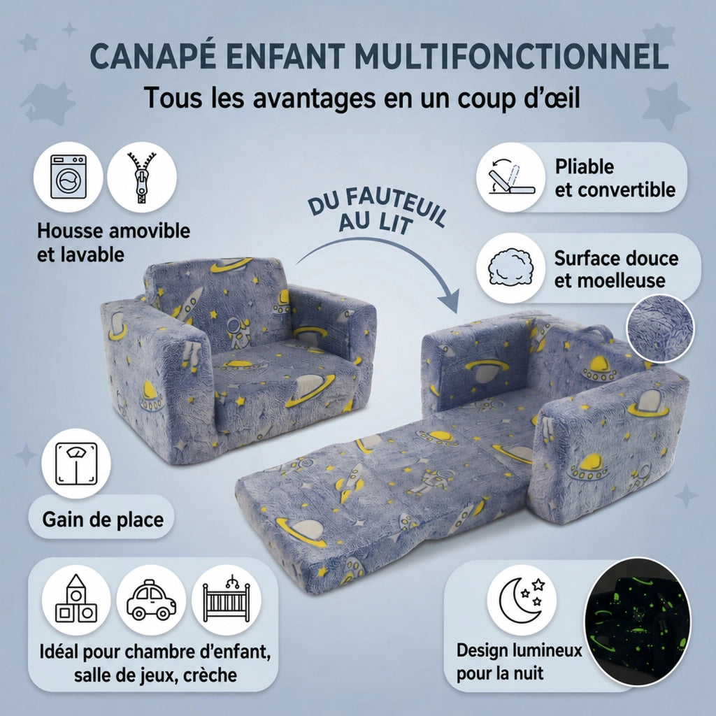Poltrona pieghevole per bambini con funzione luminosa e motivo astronauta in tessuto e metallo blu verde bianco