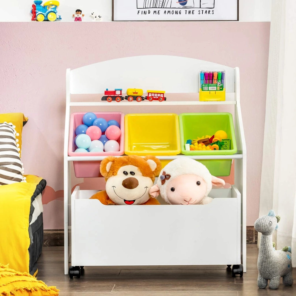 Scaffale Porta Giocattoli per Bambini in Legno con Contenitore e 3 Vassoi, Mobiletto Multiuso per Bambini con Ruote,Cesto Portaoggetti per Camera dei Bambini, 76 x 38 x 63,5 cm (bianco)
