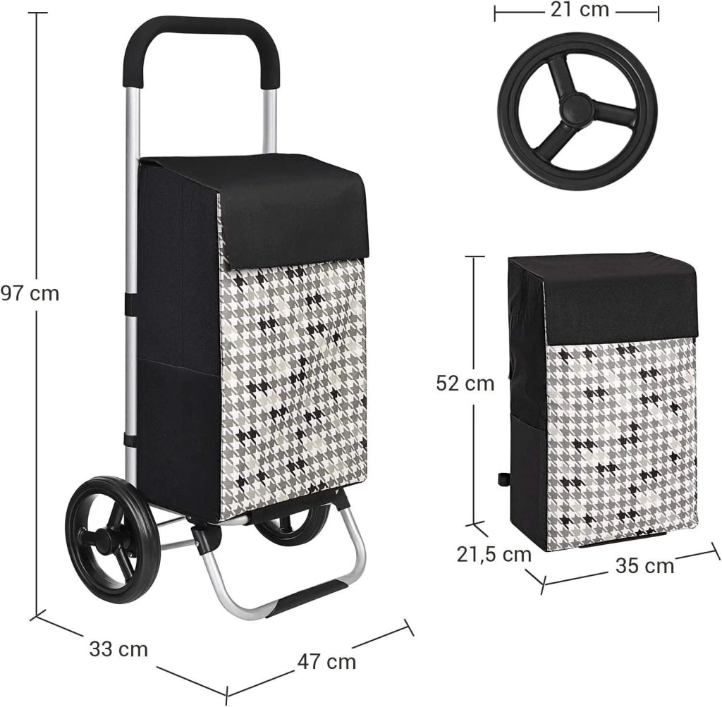 Carrello spesa carrello spesa passeggino market capacità 40 litri con portaoggetti ruote silenziose gancio 47 x 33 x 97 cm nero fantasia pied de poule 12_0003373