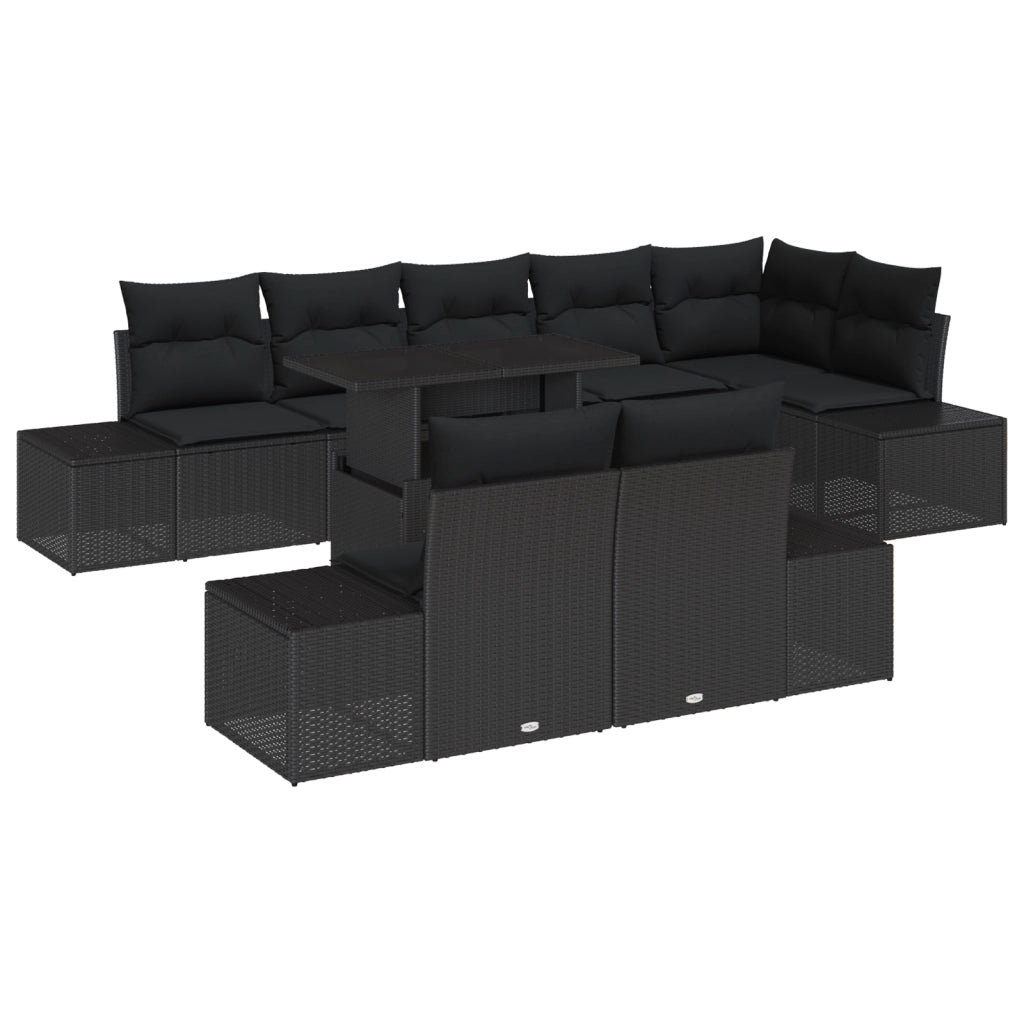 Set da Giardino 9 Pezzi con Cuscini Nero in Rattan Sintetico