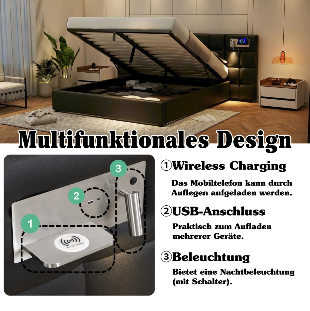 Letto imbottito nero con contenitore, USB e ricarica wireless 180 x 200 cm