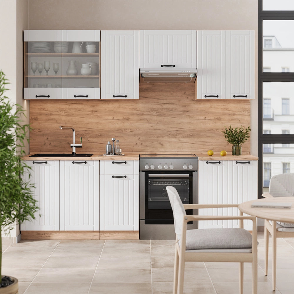 Cucina componibile Fame-Line Bianco rustico/Rovere dorato 240 cm, PL Marmo Vicco